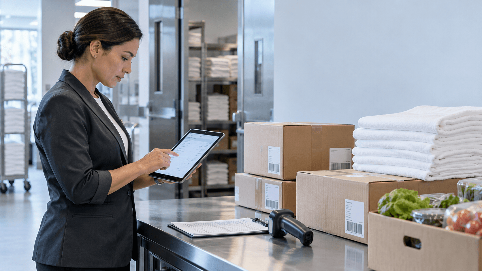 Hotel receiving team checking a delivery record on a tablet
